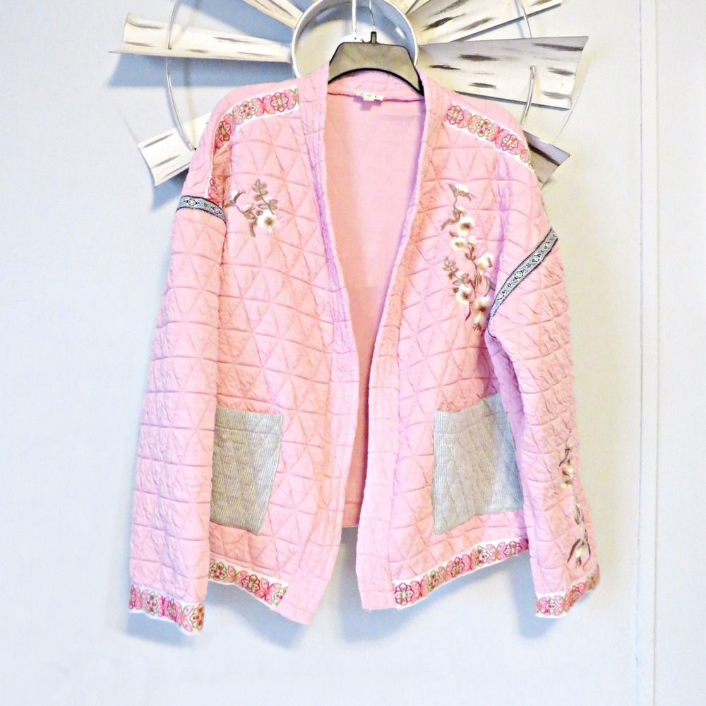 POL Large Quilted Granny Floral Embroidered Open Front Cardigan Boho Pockets - Picture 5 of 14